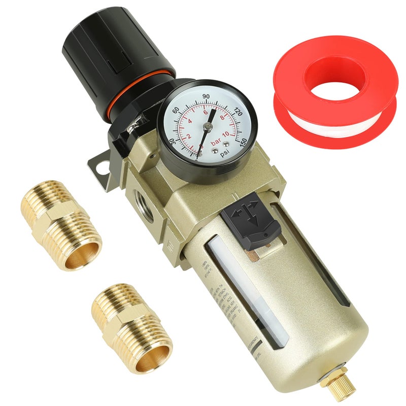 Hromee 12 Inch Compressed Filter Regulator Combo Air Compressor Water Oil Trap Separator with Pressure Gauge SemiAuto Drain and Bracket