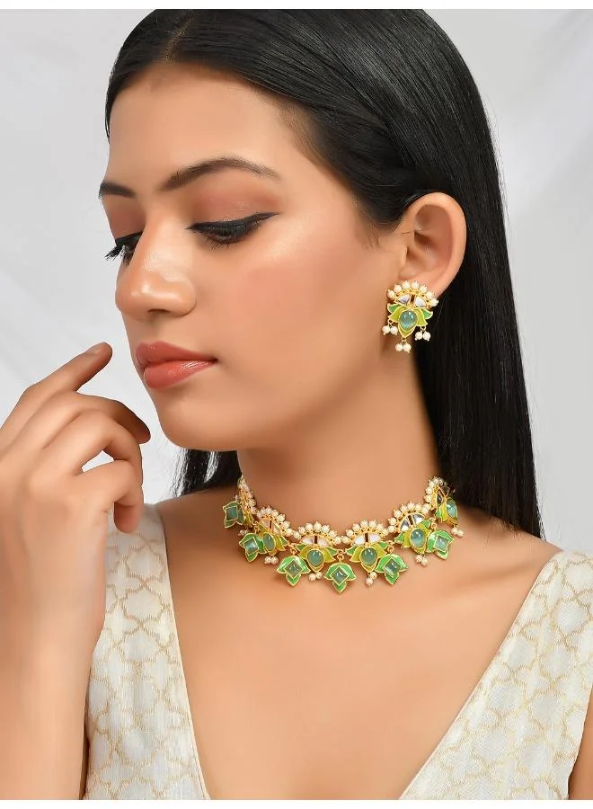 VOYLLA Forever More Green Stones and Pearls Enamelled Jewellery Set