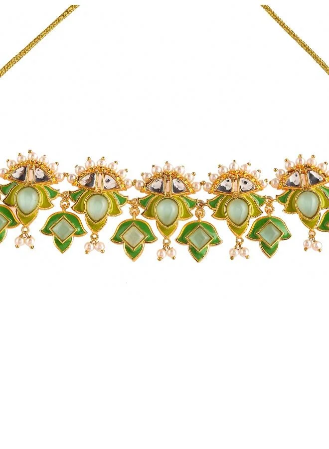 VOYLLA Forever More Green Stones and Pearls Enamelled Jewellery Set