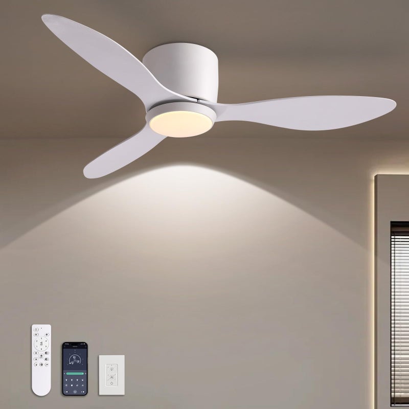 LUDOMIDE Ceiling Fans with Lights,42 Inch Low Profile Ceiling Fan with Wall Control and Remote Control,Dimmable,Flush Mount Ceiling Fan with Noiseless DC Reversible Motor for Bedroom Indoor Use - Image 1