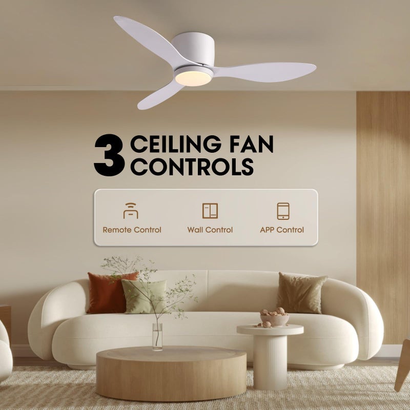 LUDOMIDE Ceiling Fans with Lights,42 Inch Low Profile Ceiling Fan with Wall Control and Remote Control,Dimmable,Flush Mount Ceiling Fan with Noiseless DC Reversible Motor for Bedroom Indoor Use - Image 2