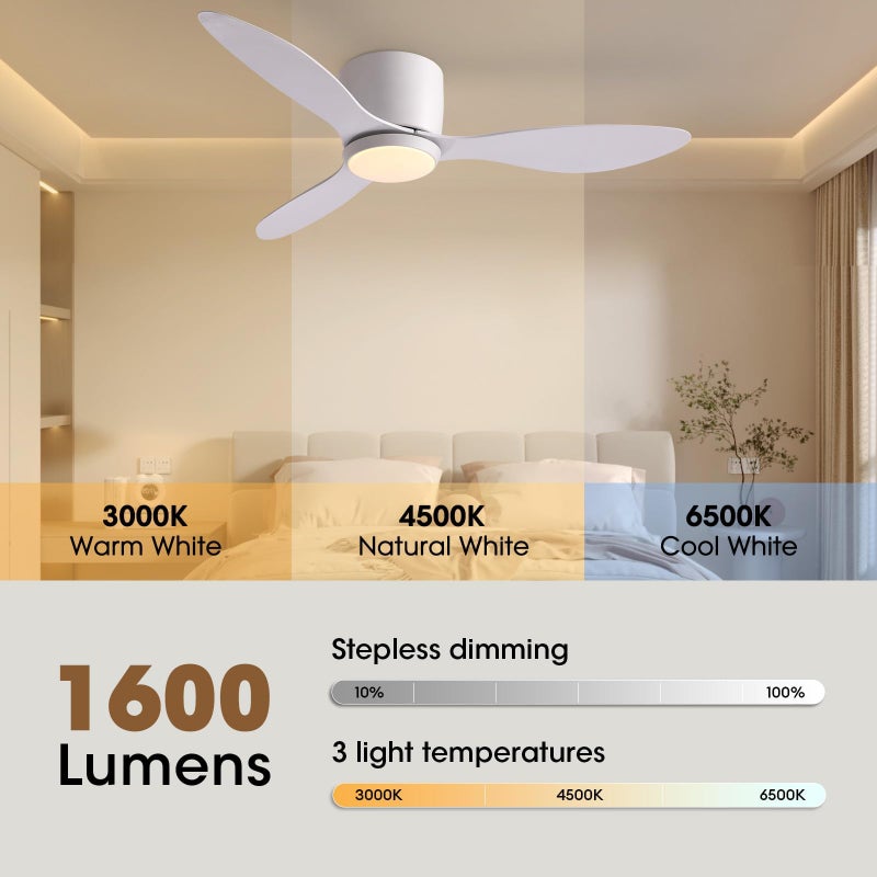 LUDOMIDE Ceiling Fans with Lights,42 Inch Low Profile Ceiling Fan with Wall Control and Remote Control,Dimmable,Flush Mount Ceiling Fan with Noiseless DC Reversible Motor for Bedroom Indoor Use - Image 3
