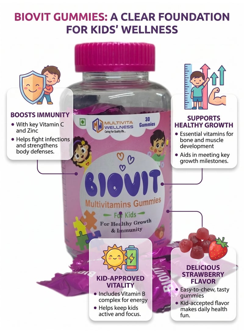 Multivita Wellness Biovit Multivitamin Gummies for Kids | Immune Support, Growth & Brain Development | Vitamin A, C, D3, Zinc, Biotin | Strawberry Flavor | Multivita Wellness - Image 3