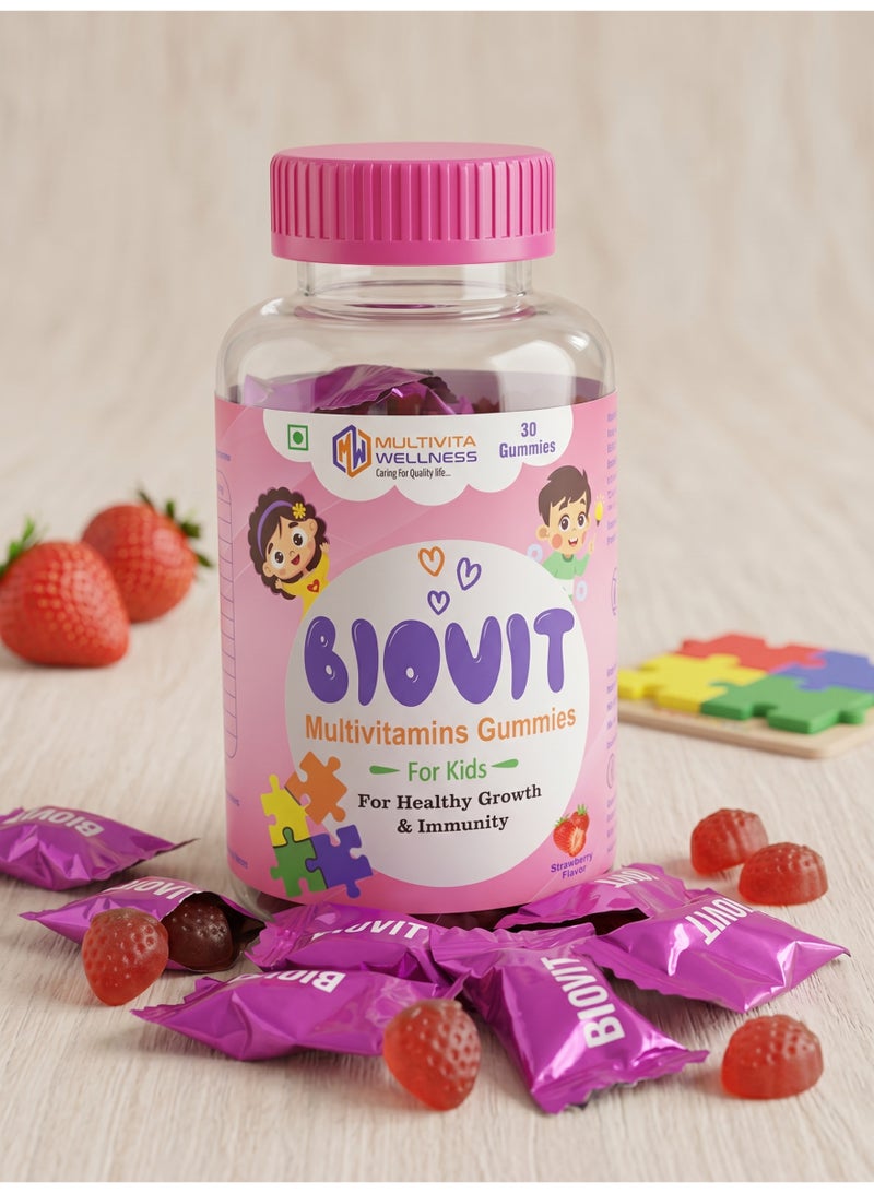Multivita Wellness Biovit Multivitamin Gummies for Kids | Immune Support, Growth & Brain Development | Vitamin A, C, D3, Zinc, Biotin | Strawberry Flavor | Multivita Wellness - Image 1