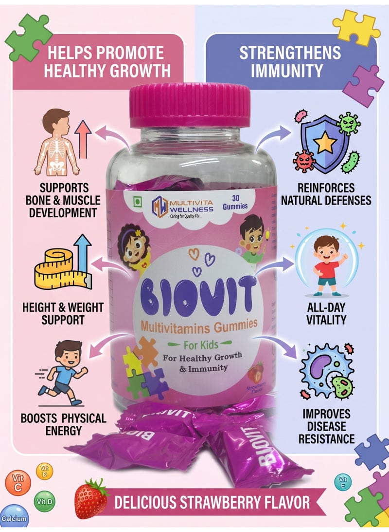 Multivita Wellness Biovit Multivitamin Gummies for Kids | Immune Support, Growth & Brain Development | Vitamin A, C, D3, Zinc, Biotin | Strawberry Flavor | Multivita Wellness - Image 2