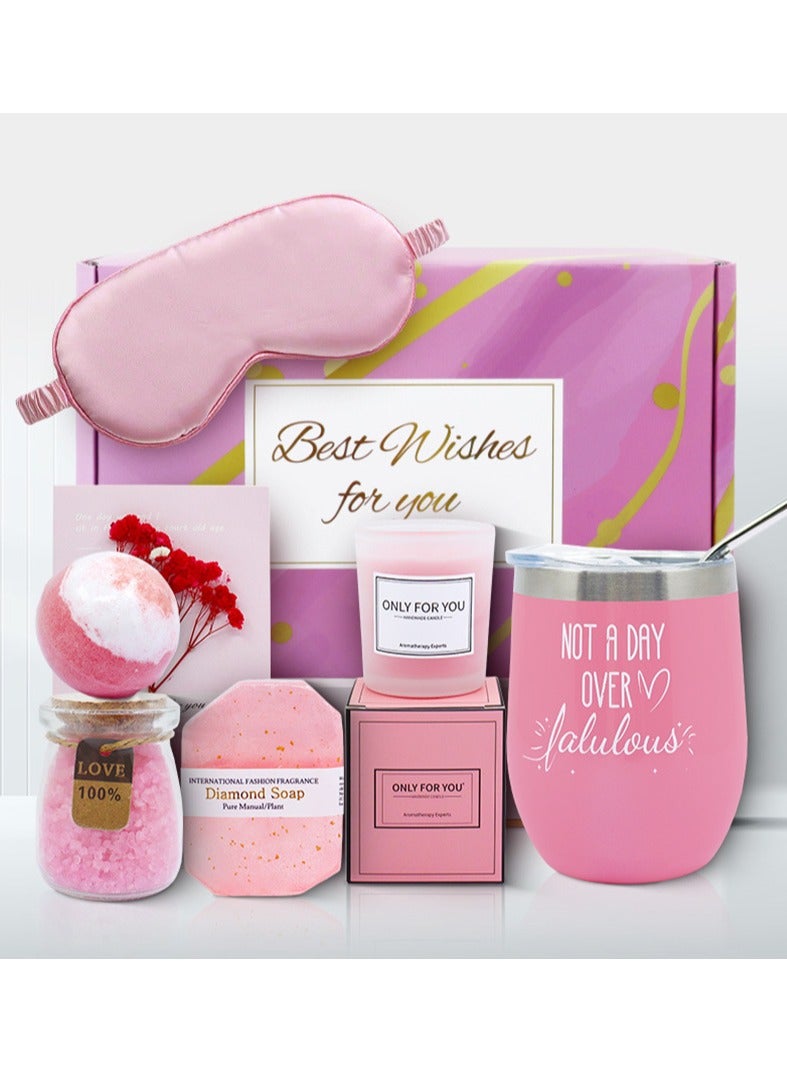 Wedding Birthday Gift Set for Women  Bride & Teen Girl Self Care Gifts Get Well Soon Gifts Basket, Lavender Relaxing Spa Gift Basket, Unique for Girl Friend,Wife,Mom, Friends, Sister, Coworker ,Grandma- Pink Luxury Box with Custom Tumbler, Soap ,Candle & Eye Mask (Ramadan Gift for Her)  - Image 1