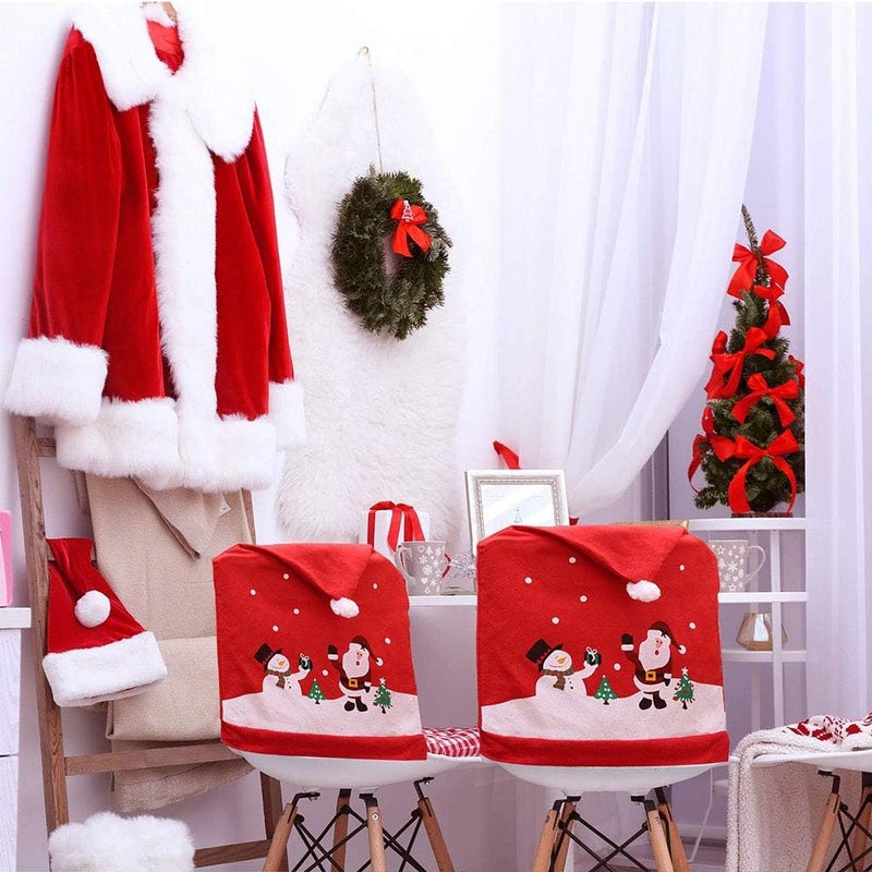 MSQ 4PCS Christmas Chair Covers Santa Claus  Snowman Red Hat Xmas Chair Back Covers Dining Chair Slipcovers for Xmas Festive Home Dinner Table Chairs Decoration Kitchen Party Decor - Image 3
