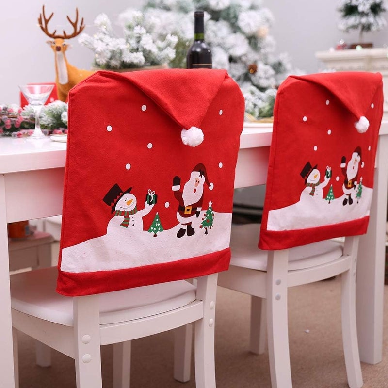 MSQ 4PCS Christmas Chair Covers Santa Claus  Snowman Red Hat Xmas Chair Back Covers Dining Chair Slipcovers for Xmas Festive Home Dinner Table Chairs Decoration Kitchen Party Decor - Image 1