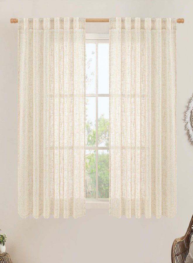 LAMIT Beige Linen Curtains 45 Inches Long for Bedroom, Light Filtering Panels Back Tab and Rod Pocket Neutral Drapes for Kitchen/Window/Loft Room, 52 x 45 Inch, 2 Panels - Image 1