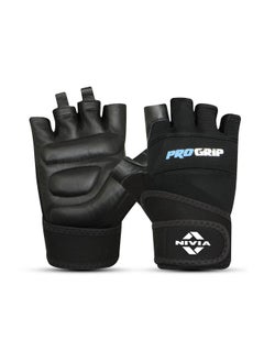 Nivia Pro Grip Genuine Leather Gloves,Gym Gloves For Men And Women Weightlifting Gloves,Stretch Fabric With Neoprene Strap, 1/2 Finger Durable Wight Lifting Gloves - Black(Large)  - Image 1