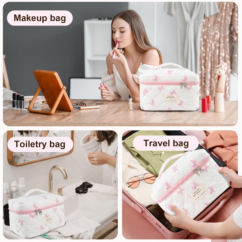 GISMTR Makeup Bag, Quilted Bow Cosmetic Bag, Large Travel Aesthetic Make up Bag, Cute Coquette Toiletry Bag for Women Girls - Image 3