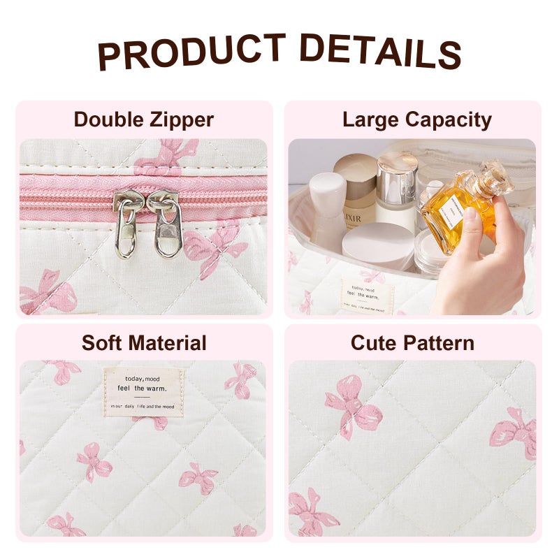 GISMTR Makeup Bag, Quilted Bow Cosmetic Bag, Large Travel Aesthetic Make up Bag, Cute Coquette Toiletry Bag for Women Girls - Image 2