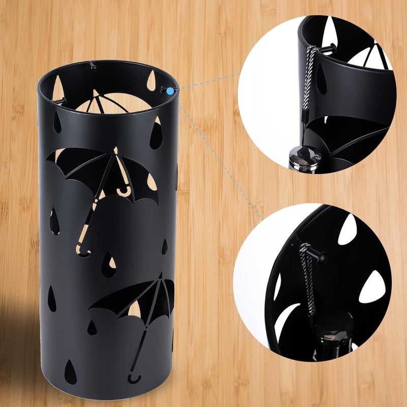 BEWBBAT Umbrella Stand Rack for Entryway, Black Round Metal Umbrella Holder, Free Standing Umbrella Organizer Bin with 3 Hooks for Walk Stick, Home Office Indoor, 17 x 7 Inch - Image 2