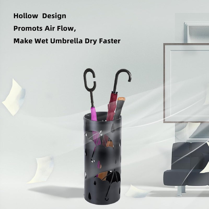 BEWBBAT Umbrella Stand Rack for Entryway, Black Round Metal Umbrella Holder, Free Standing Umbrella Organizer Bin with 3 Hooks for Walk Stick, Home Office Indoor, 17 x 7 Inch - Image 3