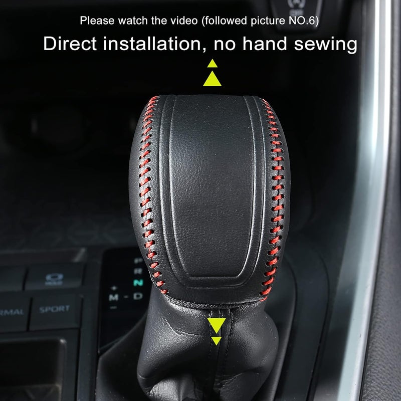 YAKANEY for RAV4 2019-2025 Gear Shift Knob Cover, Genuine Leather Interior Protective Gear Shift Trim for Toyota Highlander 2020-2025- Red Trim - Image 4