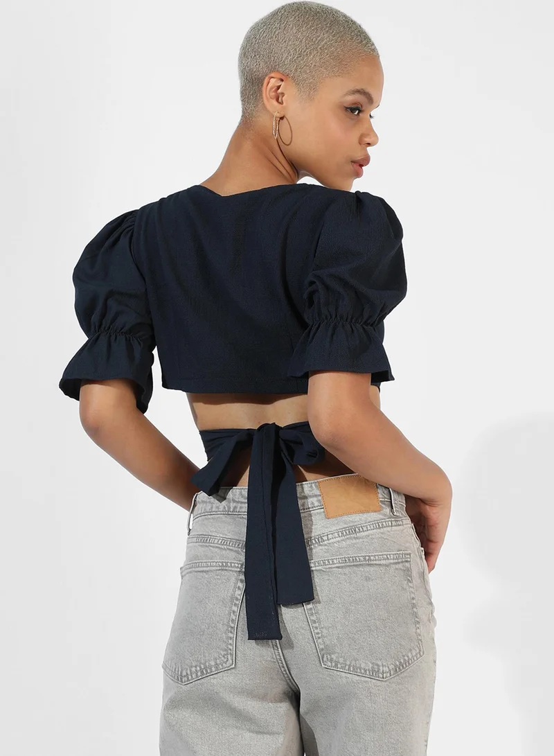 PINACOLADA Women's Navy Blue Tie-Up Crop Top