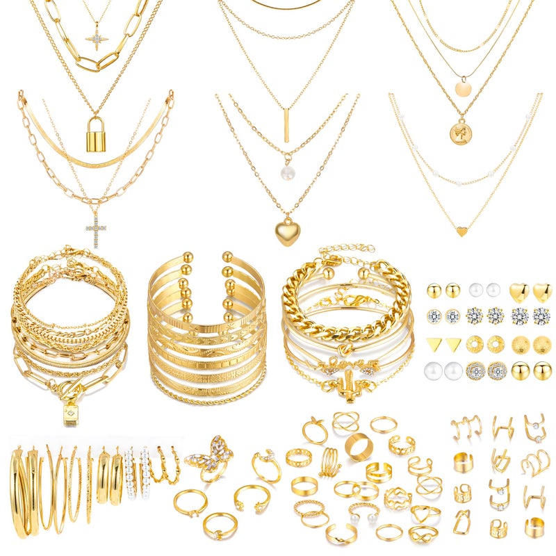 MEDOJO 93 Pcs Golden Jewelry Set for Women Costume Jewelry Pack Golden Plated Necklace Bracelet Stackable Ring Earrings Jewelry for Christmas New Year - Image 1