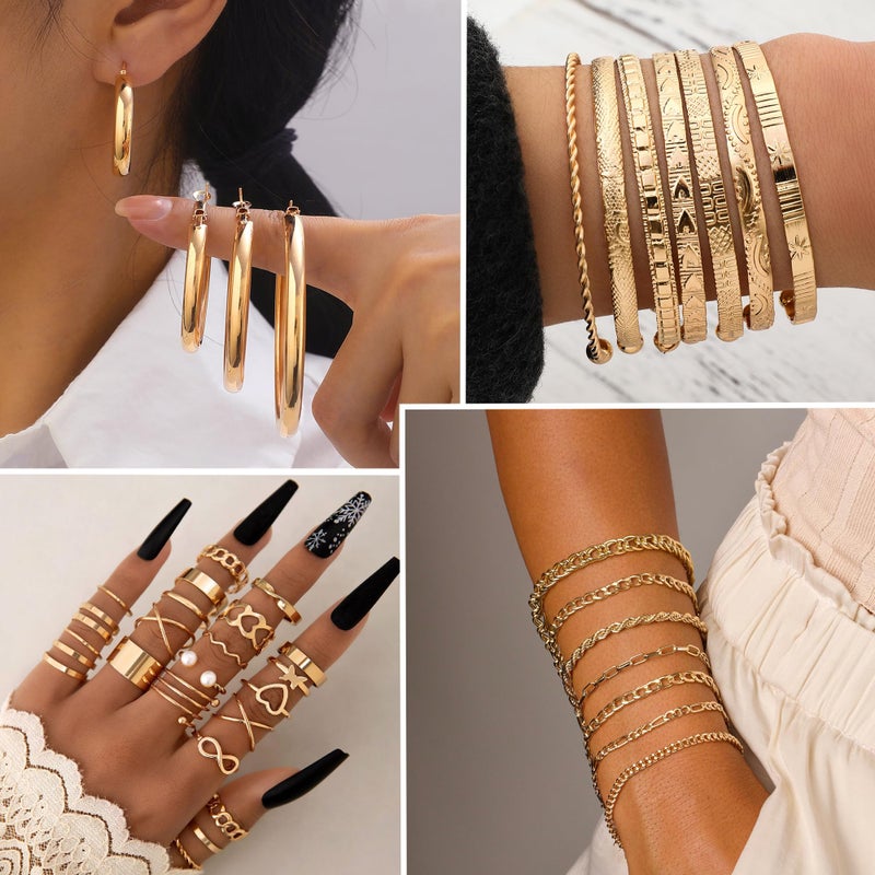 MEDOJO 93 Pcs Golden Jewelry Set for Women Costume Jewelry Pack Golden Plated Necklace Bracelet Stackable Ring Earrings Jewelry for Christmas New Year - Image 2