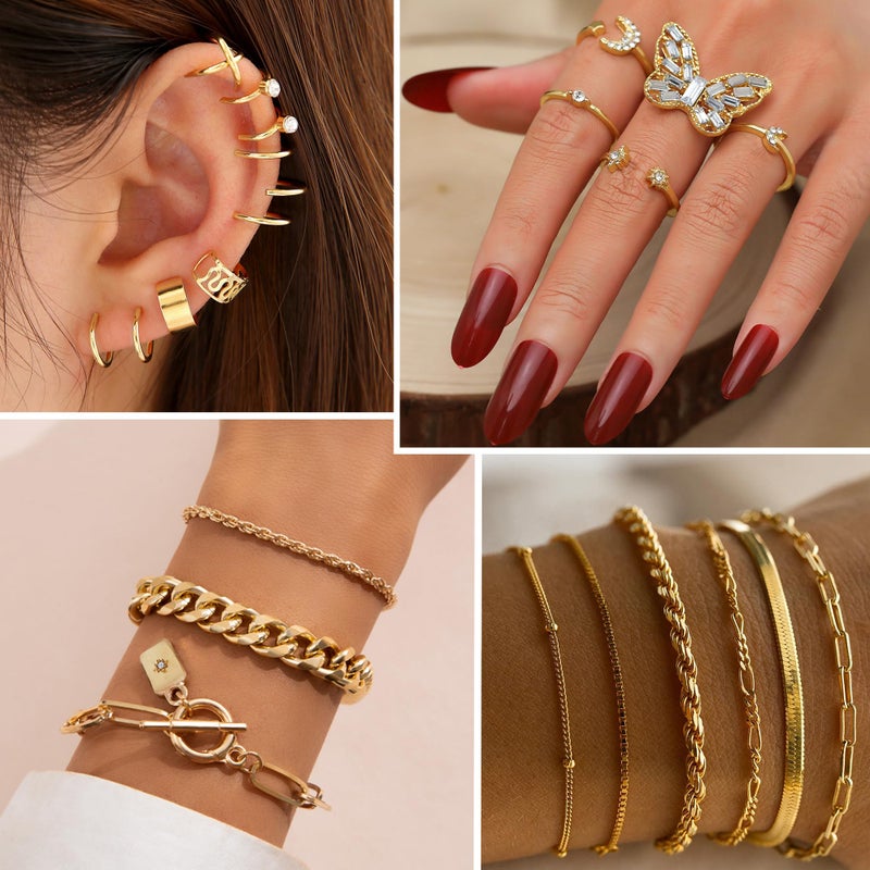 MEDOJO 93 Pcs Golden Jewelry Set for Women Costume Jewelry Pack Golden Plated Necklace Bracelet Stackable Ring Earrings Jewelry for Christmas New Year - Image 4