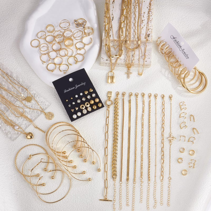 MEDOJO 93 Pcs Golden Jewelry Set for Women Costume Jewelry Pack Golden Plated Necklace Bracelet Stackable Ring Earrings Jewelry for Christmas New Year - Image 3
