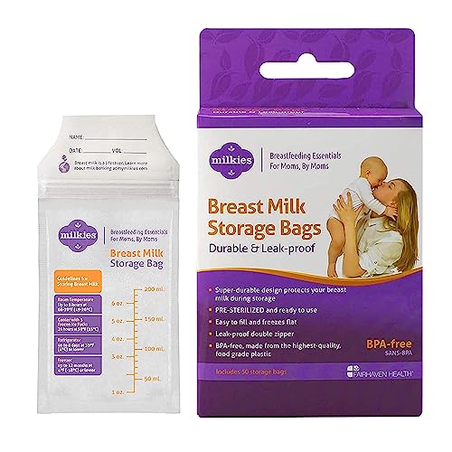 Milkies Fairhaven Health Milkies Breast Milk Storage Bags 50 Count Presterilized and BPA Free No Leak and No Break Easy to use Freeze up to 6 Ounces