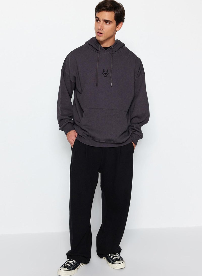 trendyol Anthracite Oversized / Wide Cut Hooded Fleece Inside/Warm Sweatshirt - Image 2