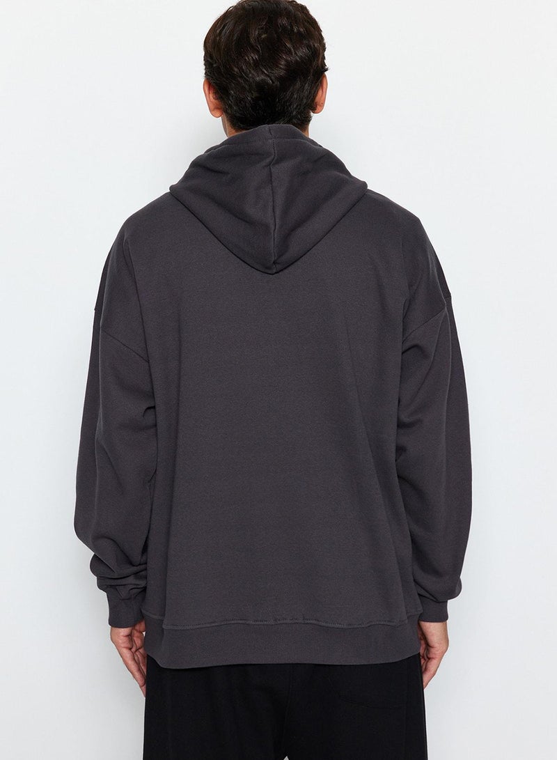 trendyol Anthracite Oversized / Wide Cut Hooded Fleece Inside/Warm Sweatshirt - Image 5