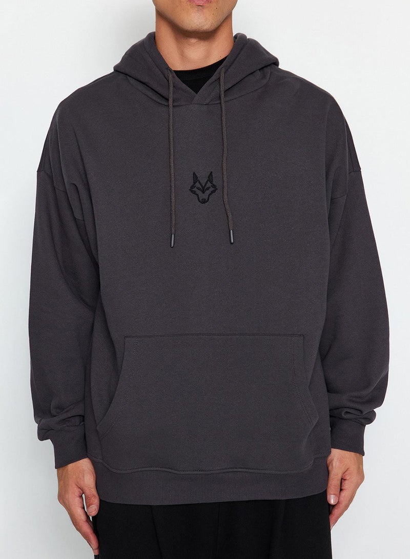 trendyol Anthracite Oversized / Wide Cut Hooded Fleece Inside/Warm Sweatshirt - Image 3