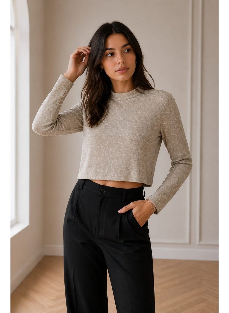 Don't Call Me Jennyfer Shimmer Knit Long Sleeve Cropped Top – Pearl Grey - Image 1