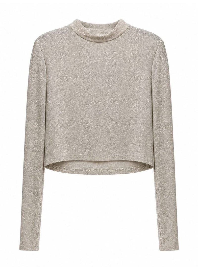 Don't Call Me Jennyfer Shimmer Knit Long Sleeve Cropped Top – Pearl Grey - Image 3