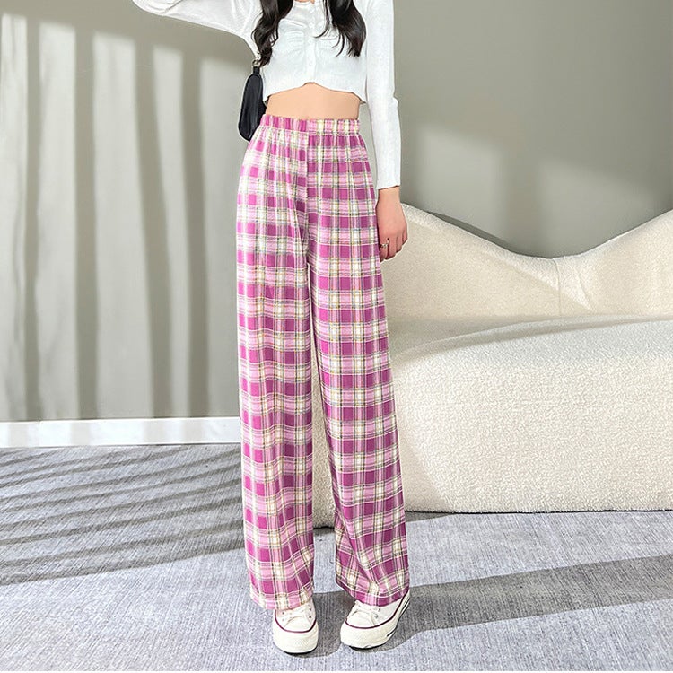 Spring Summer Autumn Plaid Casual Pants High Waist Pants Hong Kong Style Pants Wide Leg Pants Womens Loose Straight Cross-border Purple Plaid-Thin - Image 1