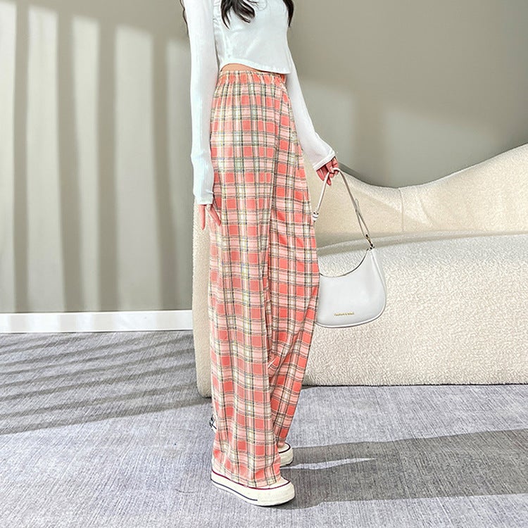 Spring Summer Autumn Plaid Casual Pants High Waist Pants Hong Kong Style Pants Wide Leg Pants Womens Loose Straight Cross-border Purple Plaid-Thin - Image 2
