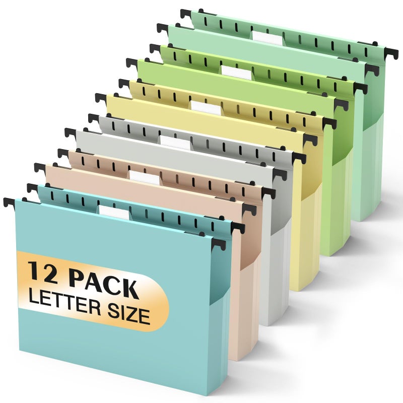 SHUTEX Extra Capacity Plastic Hanging File Folders,12 Pack Reinforced Hang Folder,Heavy Duty 2 Inch Expansion,Filing Cabinet Folders Letter Size for Bulk Files/Medical Charts (Morandi Colors) - Image 1