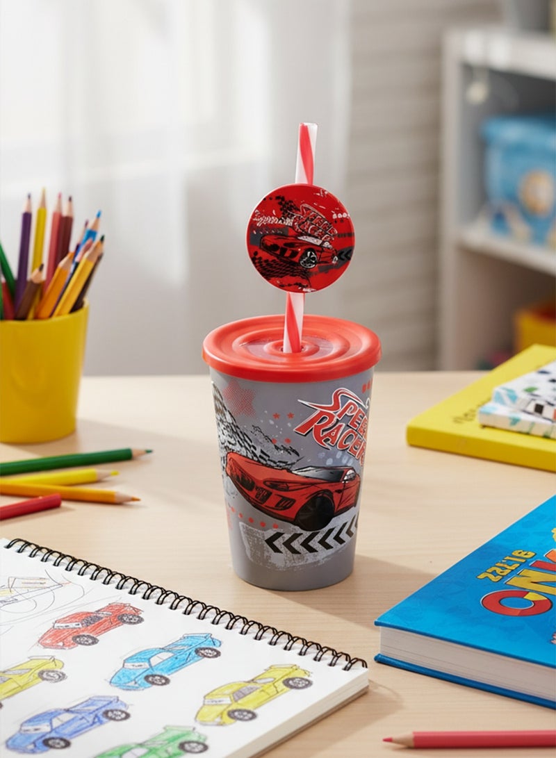 HEREVIN كوب أطفال هيرفين سعة 340 مل مزين برسومات سبيد ريسر مع قشة فاخرة - متعدد الألوان خالي من BPA من مادة البولي بروبيلين مع غطاء آمن - Image 2