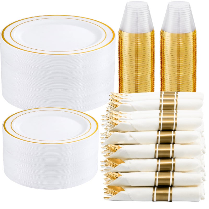WELLIFE 350Piece Gold Disposable Plates and Cutlery Set  Premium 1025 Dinner Plates 75 Dessert Plates 9oz Cups  Cutlery for Weddings Catering Events  50 Guest Service  Elegant  Sturdy