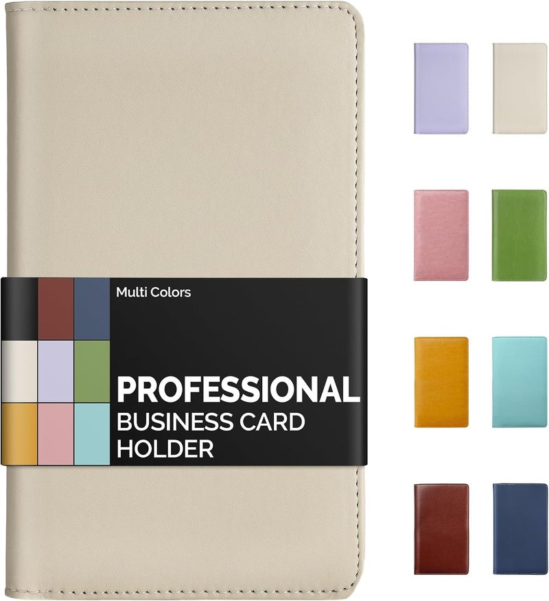 Sooez Leather Professional Business Card Book Holder Organizer, 240 Capacity Credit Card Booklet, PU Name Cards Holder Storage File for Men Women, Beige - Image 1