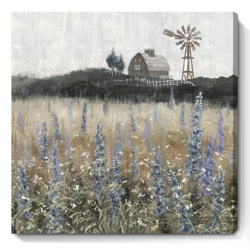 Nicetop Bathroom Wall Art Vintage Farmhouse Canvas Print Retro Countryside Flower Field Nature Meadow Landscape Rustic Windmill Barn Picture Framed Artwork for Home Bedroom Living Room Black Purple 14x14inch - Image 1