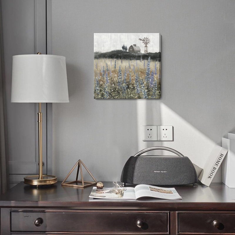 Nicetop Bathroom Wall Art Vintage Farmhouse Canvas Print Retro Countryside Flower Field Nature Meadow Landscape Rustic Windmill Barn Picture Framed Artwork for Home Bedroom Living Room Black Purple 14x14inch - Image 3