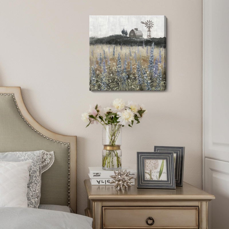 Nicetop Bathroom Wall Art Vintage Farmhouse Canvas Print Retro Countryside Flower Field Nature Meadow Landscape Rustic Windmill Barn Picture Framed Artwork for Home Bedroom Living Room Black Purple 14x14inch - Image 4
