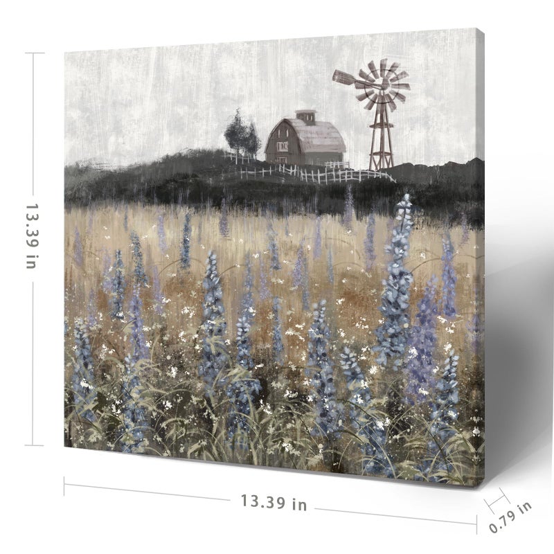 Nicetop Bathroom Wall Art Vintage Farmhouse Canvas Print Retro Countryside Flower Field Nature Meadow Landscape Rustic Windmill Barn Picture Framed Artwork for Home Bedroom Living Room Black Purple 14x14inch - Image 2