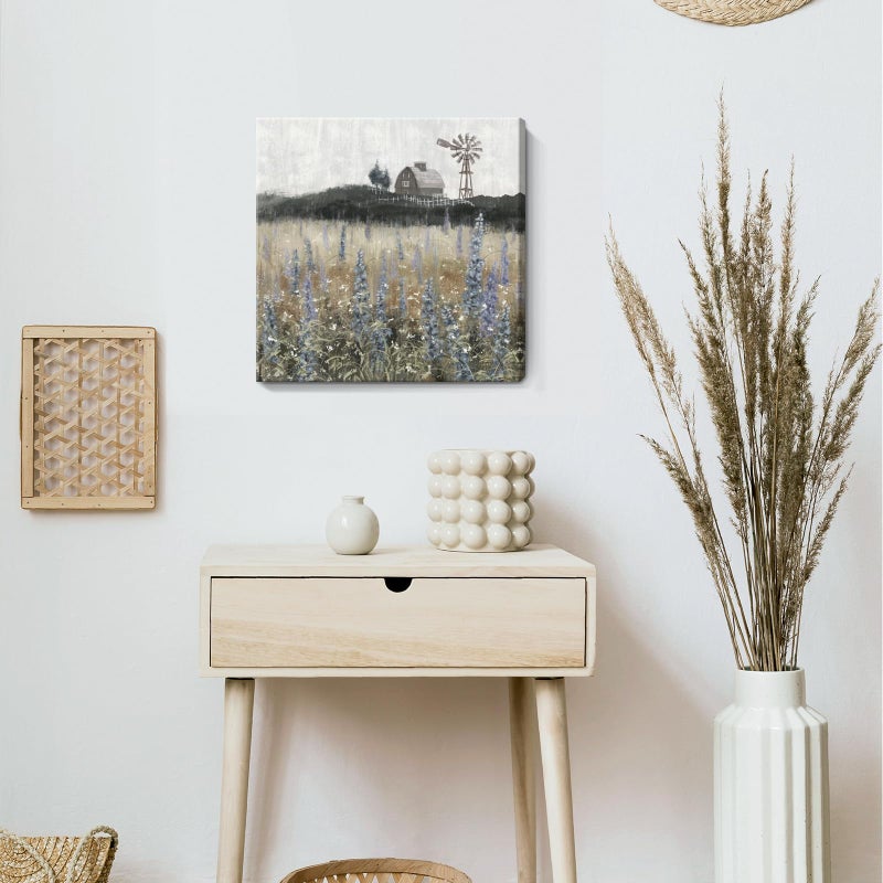 Nicetop Bathroom Wall Art Vintage Farmhouse Canvas Print Retro Countryside Flower Field Nature Meadow Landscape Rustic Windmill Barn Picture Framed Artwork for Home Bedroom Living Room Black Purple 14x14inch - Image 5