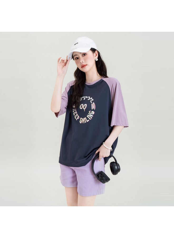 Hstyle Style Round Neck Color-block T-shirt women's Loose Fit Short Sleeve Casual Letter Print Top summer Short Sleeve Blended Design Tee - Image 5