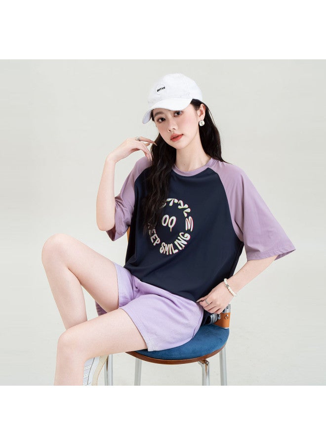 Hstyle Style Round Neck Color-block T-shirt women's Loose Fit Short Sleeve Casual Letter Print Top summer Short Sleeve Blended Design Tee - Image 4