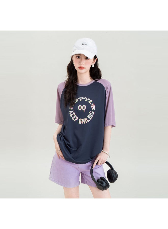 Hstyle Style Round Neck Color-block T-shirt women's Loose Fit Short Sleeve Casual Letter Print Top summer Short Sleeve Blended Design Tee - Image 3