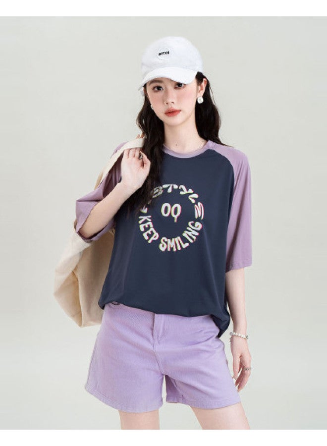 Hstyle Style Round Neck Color-block T-shirt women's Loose Fit Short Sleeve Casual Letter Print Top summer Short Sleeve Blended Design Tee - Image 1