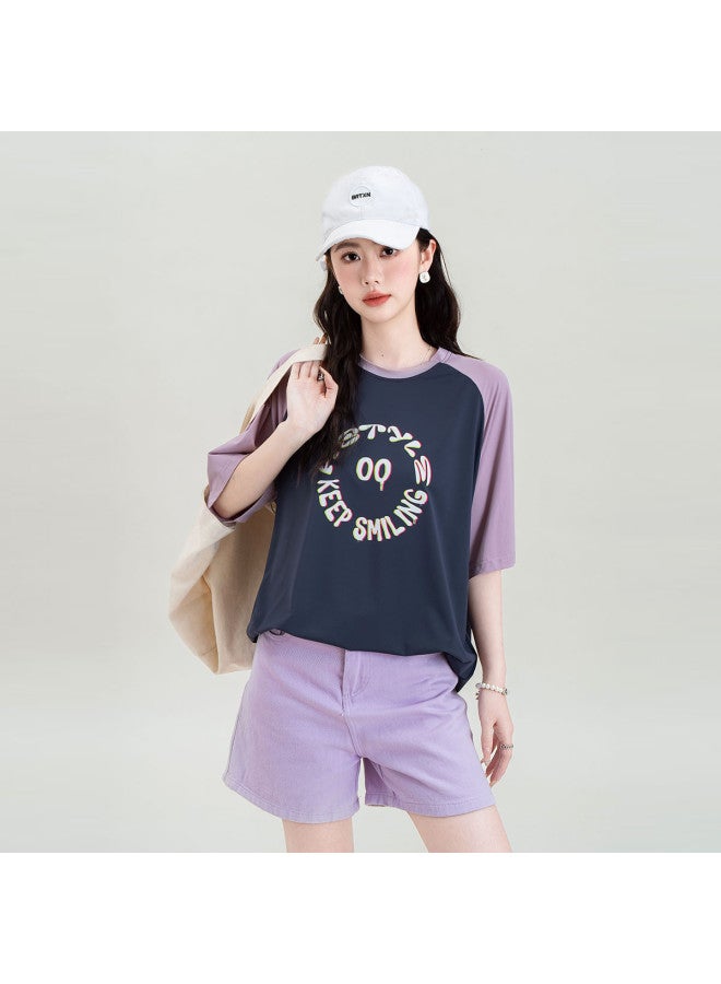 Hstyle Style Round Neck Color-block T-shirt women's Loose Fit Short Sleeve Casual Letter Print Top summer Short Sleeve Blended Design Tee - Image 2