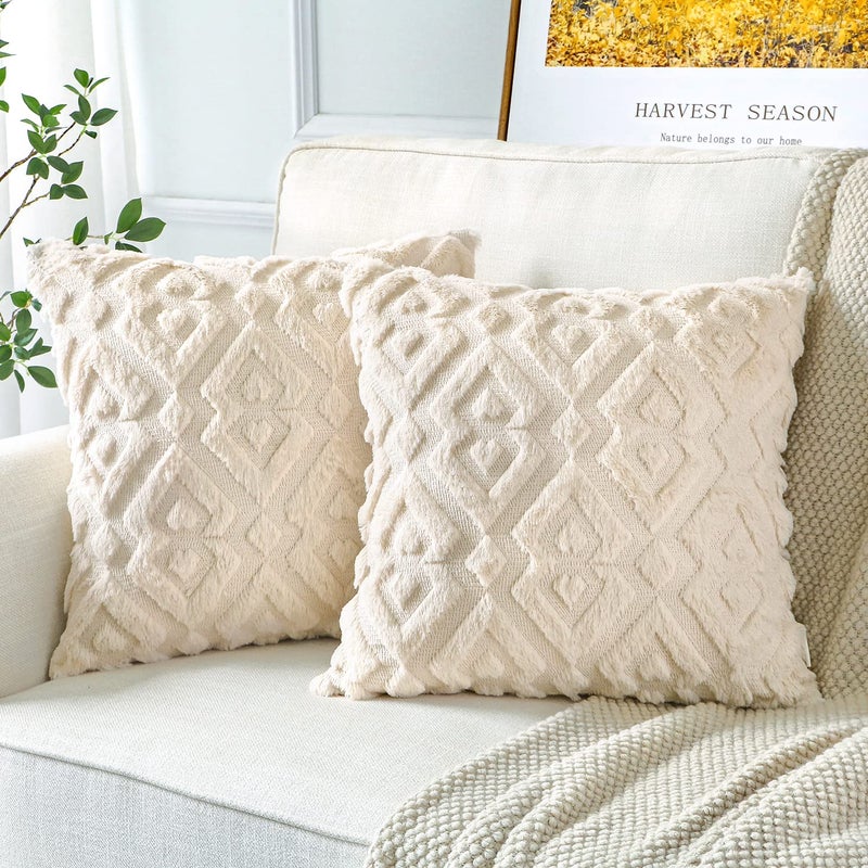 Artscope Artscope Pack of 2 Soft Plush Short Wool Velvet Decorative Throw Pillow Covers Luxury Style Cushion Covers European Pillow Shell for Sofa Bedroom Diamond Shape Cream Beige 20x20 Inch 