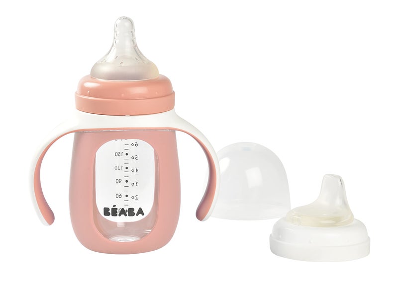 BEABA 2-in-1 Glass Baby Bottle to Glass Transition Sippy Cup, Spill Proof Sippy Cup, Toddler Baby Bottle with Soft Silicone Nipple and Spout, 7 oz (Rose) - Image 1