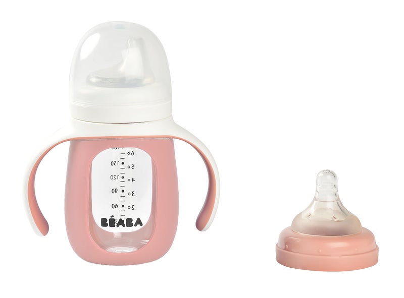 BEABA 2-in-1 Glass Baby Bottle to Glass Transition Sippy Cup, Spill Proof Sippy Cup, Toddler Baby Bottle with Soft Silicone Nipple and Spout, 7 oz (Rose) - Image 3