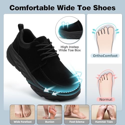 OrthoComfoot Men's Orthopedic Diabetic Wide Toe Box Leather Walking Shoes: Diabetic Orthotic Arch Support Achilles Tendonitis Fit Flat Feet Neuropathy Sneakers, High Arch Working Casual Laofers Black Size 10.5 - Image 2